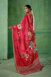 Bright Maroon Tussar Silk Floral Print Saree-4469